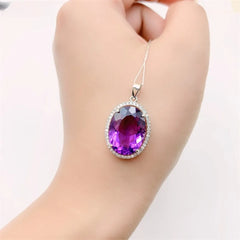 Natural Oval Amethyst Pendant Large Grain Gem Women's Necklace Pendant S925 Sterling Silver Inlaid with Japan and South Korea