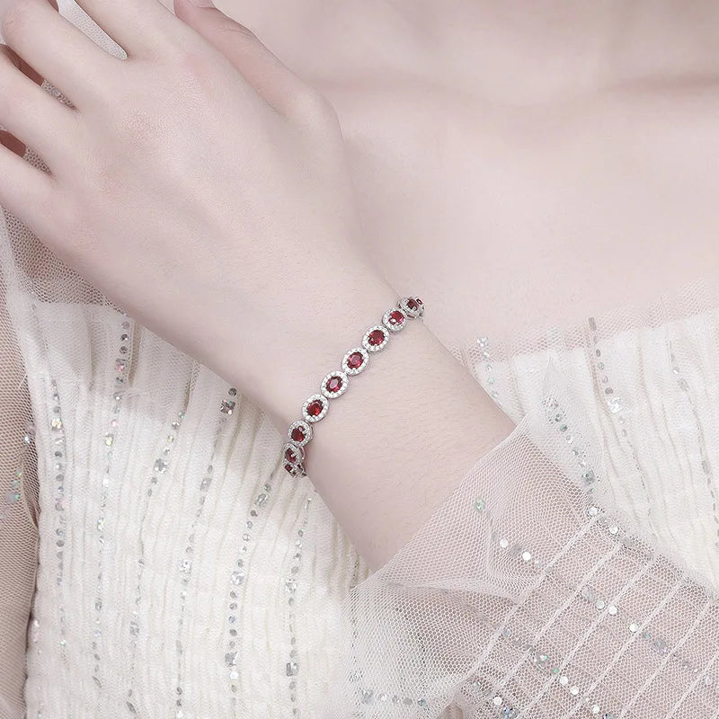 EWYA Luxury S925 Sterling Silver Full Ruby Tennis Bracelet for Women Party Fine Jewelry Lab Grown Gemstones Hand Link Bracelets