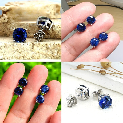 Lab Created royal Blue/Cornflower blue Sapphire Ear Stud 5-9mm with inclusions round Shape S925 Silver earrings Jewelry