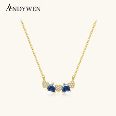 ANDYWEN 925 Sterling Silver Sweet Romantic Multi Heart Necklace Blue Sapphire & CZ Zirconia Dainty Dating Luxury Women Jewelry