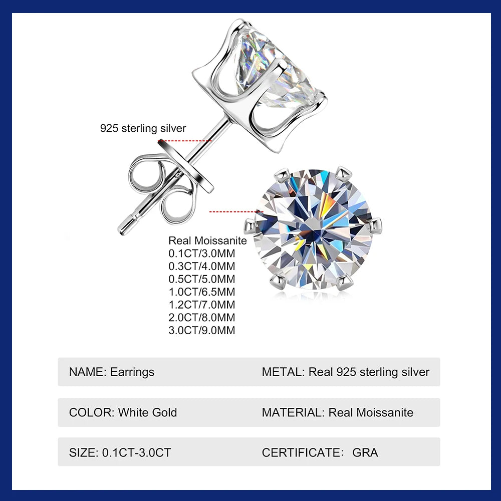 0.1-3ct Moissanite Diamond Stud Earrings for Women Men 925 Silver Original Certified Plated 18k Gold Earring Wedding  Jewelry
