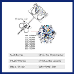 0.1-3ct Moissanite Diamond Stud Earrings for Women Men 925 Silver Original Certified Plated 18k Gold Earring Wedding  Jewelry