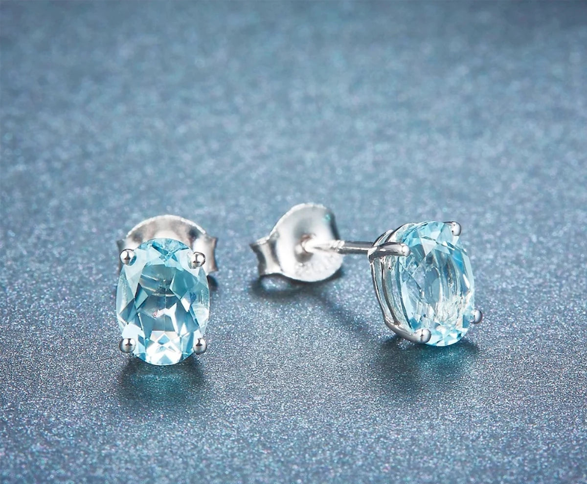 HUTANG Aquamarine Women's Stud Earrings Natural Blue Gemstone Solid 925 Sterling Silver Fine Elegant Classic Jewelry for Gift