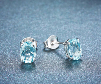 HUTANG Aquamarine Women's Stud Earrings Natural Blue Gemstone Solid 925 Sterling Silver Fine Elegant Classic Jewelry for Gift