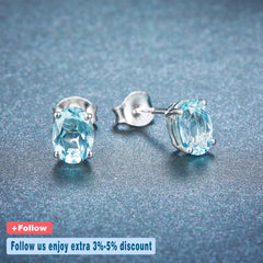 HUTANG Aquamarine Women's Stud Earrings Natural Blue Gemstone Solid 925 Sterling Silver Fine Elegant Classic Jewelry for Gift