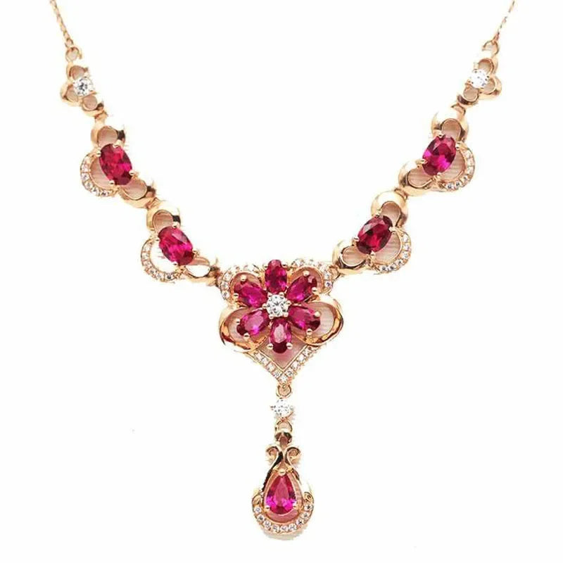 Romantic Luxury 585 Purple Gold Inlaid Ruby Elegant Flower Necklace 14K Rose GoldCrystal Luxury Pendant Dinner wedding Jewelry