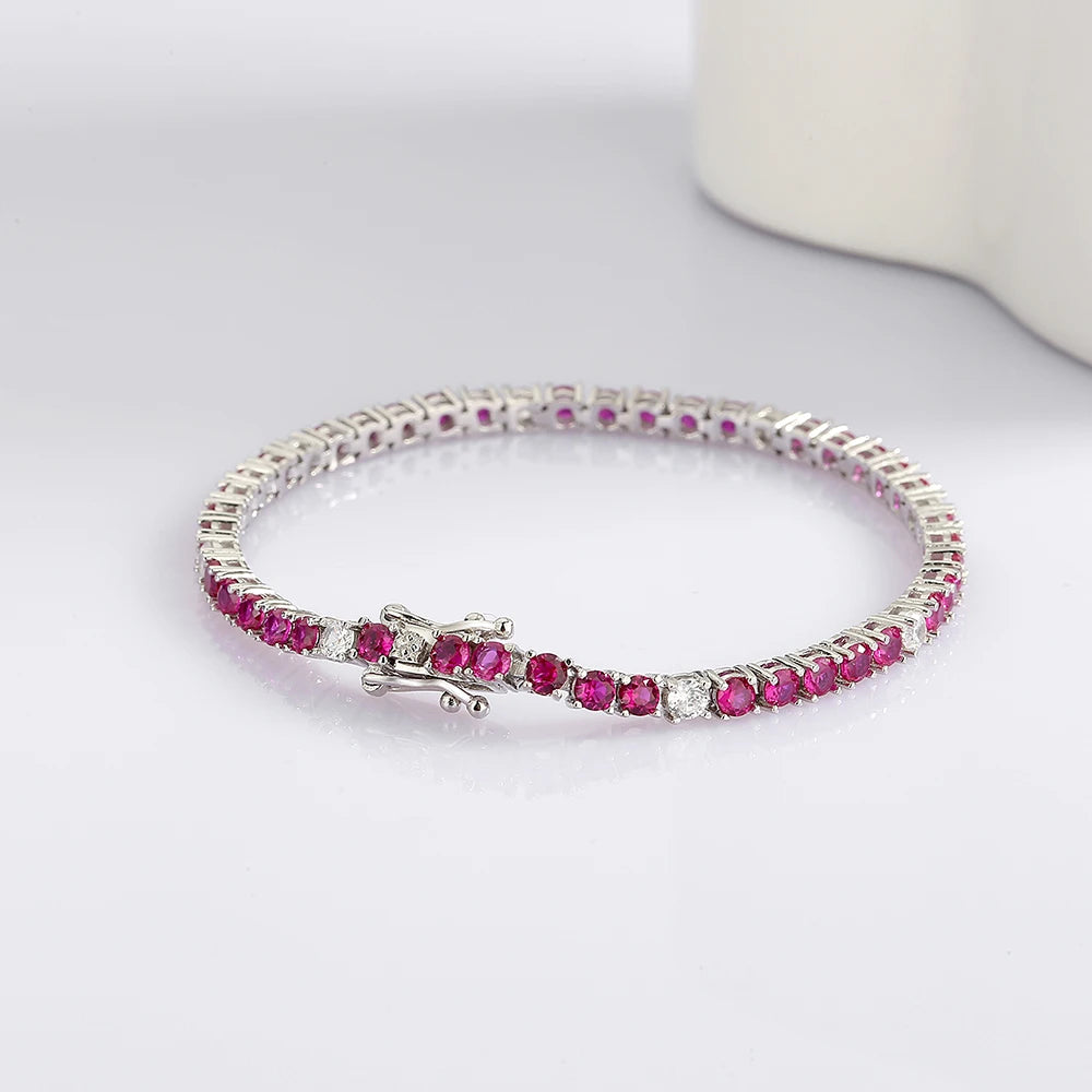 Solid Real 925 Silver Tennis Bracelet 3MM Ruby Fuchsia Pink Mix White Cubic Zircon 15-21 CM Chain Fine Jewelry For Women