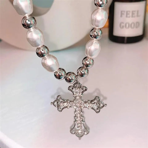 Elegant Pearl Cross Necklace