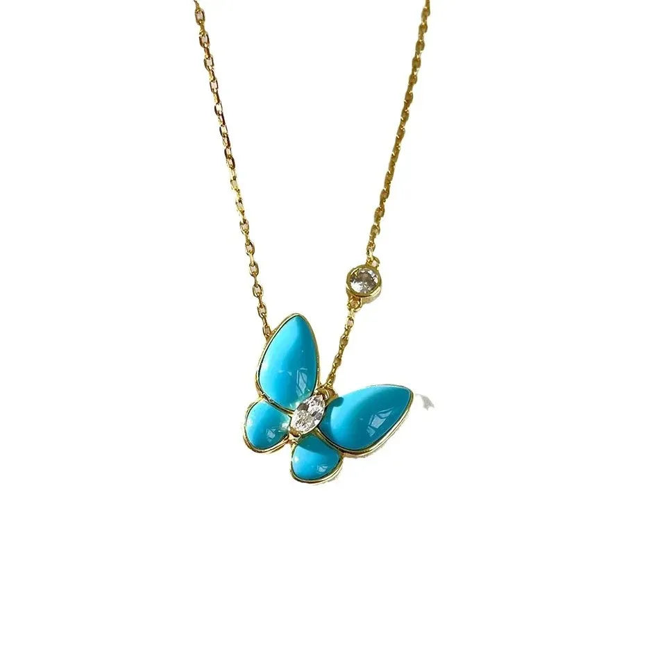 Fashion Butterfly Jewelry 18K Gold Plated 925 Silver Blue Stone Turquoise Charm Pendant Chain Necklace Jewelry Chokers Girl Gift