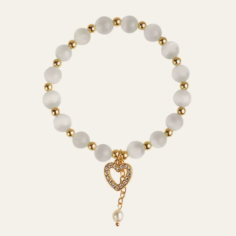 Kirykle Natural Crystal Bracelet for Women White Opal Stone Pearl Fashion Lucky Four-leaf Clover Women's Jewelry Bangles Gift