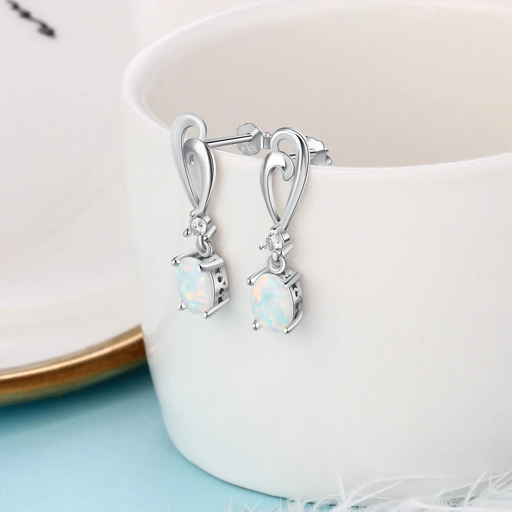 Trumium White Opal S925 Sterling Silver Drop Hook Earrings for Women Oval Opal Heart Stud Earring Fine Jewelry Gifts