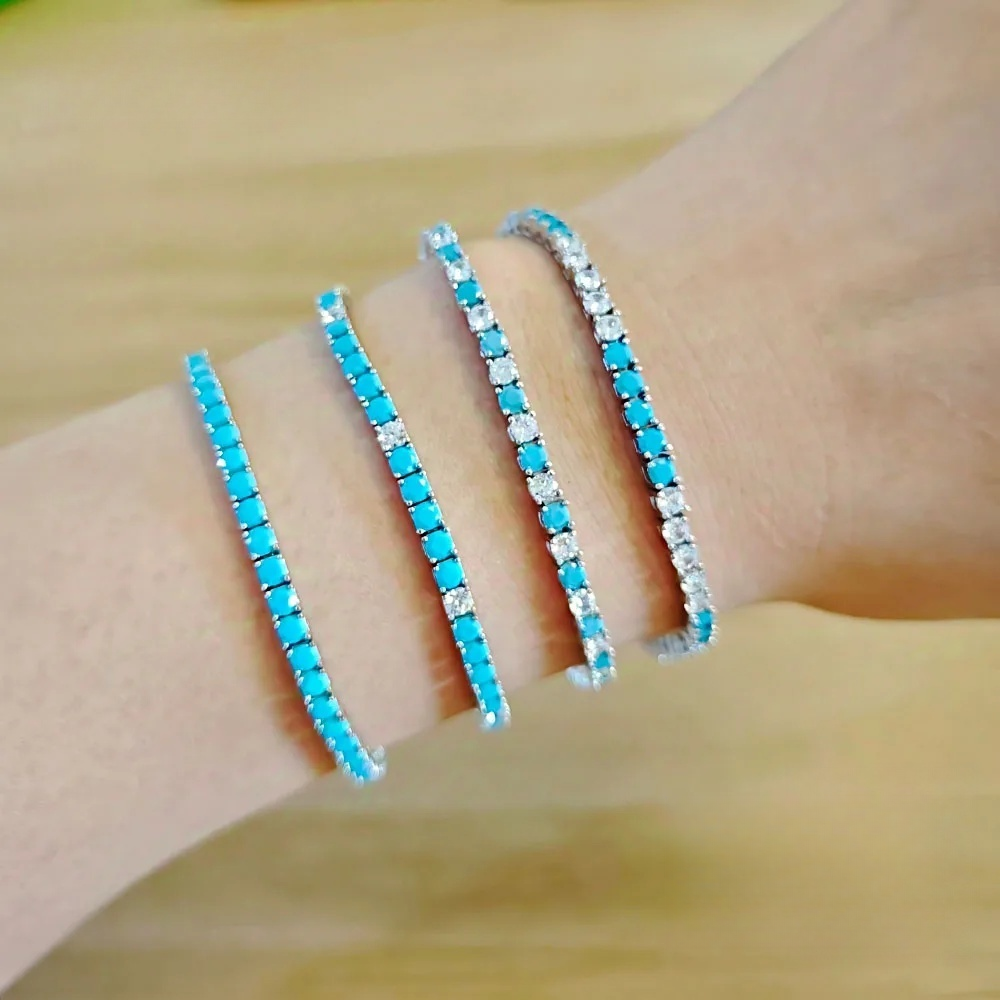 YLMyself 925 Silver Tennis Bracelet 3mm Turquoise Stone White Cubic Zircon Fine Jewelry Gift for Women