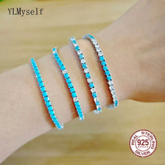 YLMyself 925 Silver Tennis Bracelet 3mm Turquoise Stone White Cubic Zircon Fine Jewelry Gift for Women