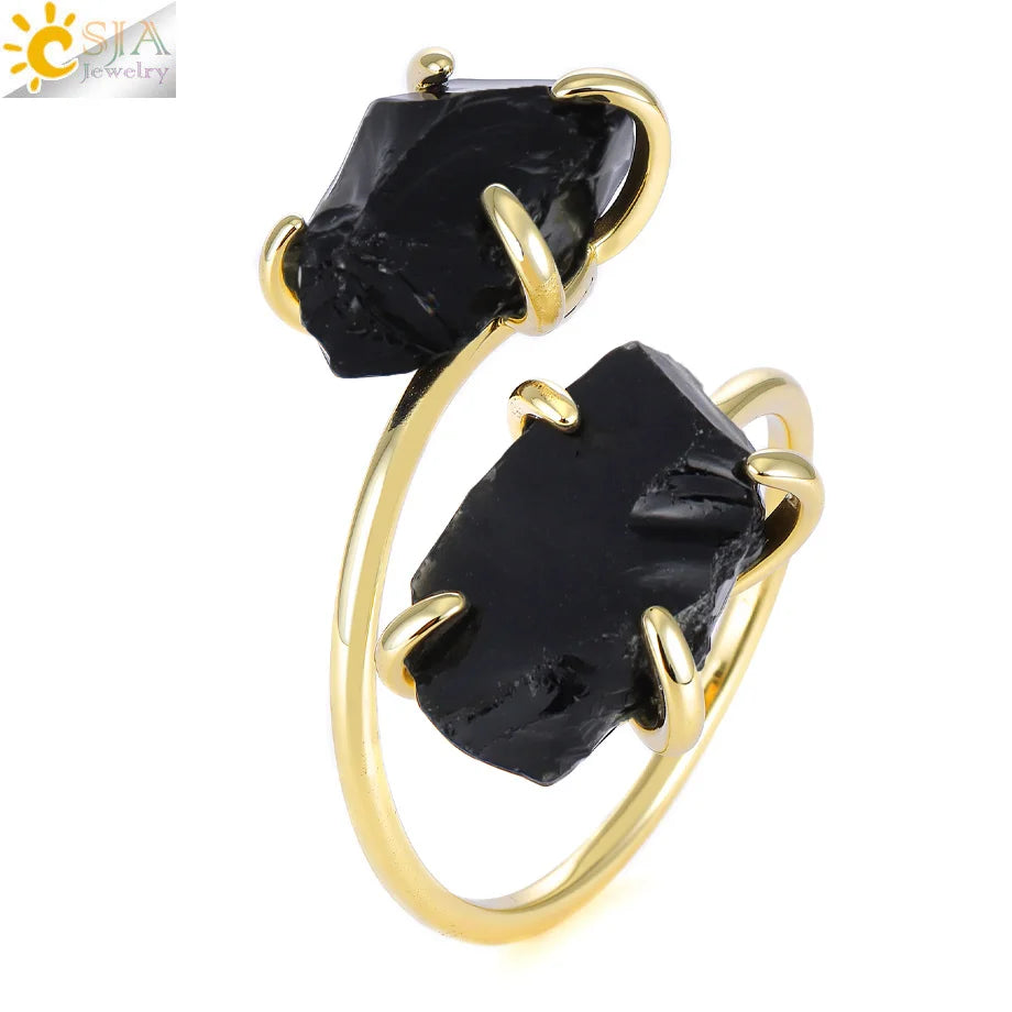 CSJA Irregular Crystal Open Ring Healing Natural Amethysts Citrine Double Gems Stone Claw Finger Rings Jewelry Accessories H584