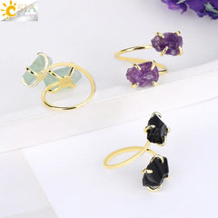 CSJA Irregular Crystal Open Ring Healing Natural Amethysts Citrine Double Gems Stone Claw Finger Rings Jewelry Accessories H584