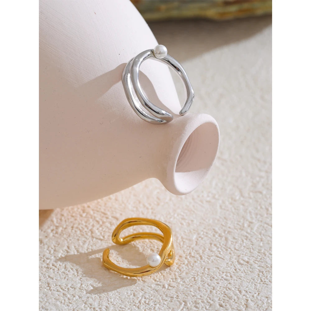 Yhpup Stylish Unique Stainless Steel Pearls Geometric Open Chic Ring for Women High Quality Jewelry Bijoux