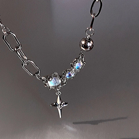 Trendy Bling Moonstone Star Cross Pendant Necklace