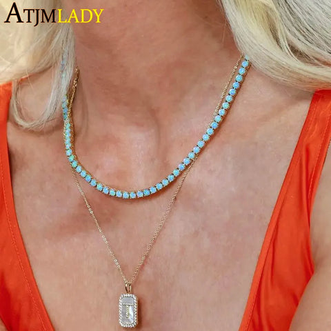 Gold Plated Turquoise Tennis Chain Necklace