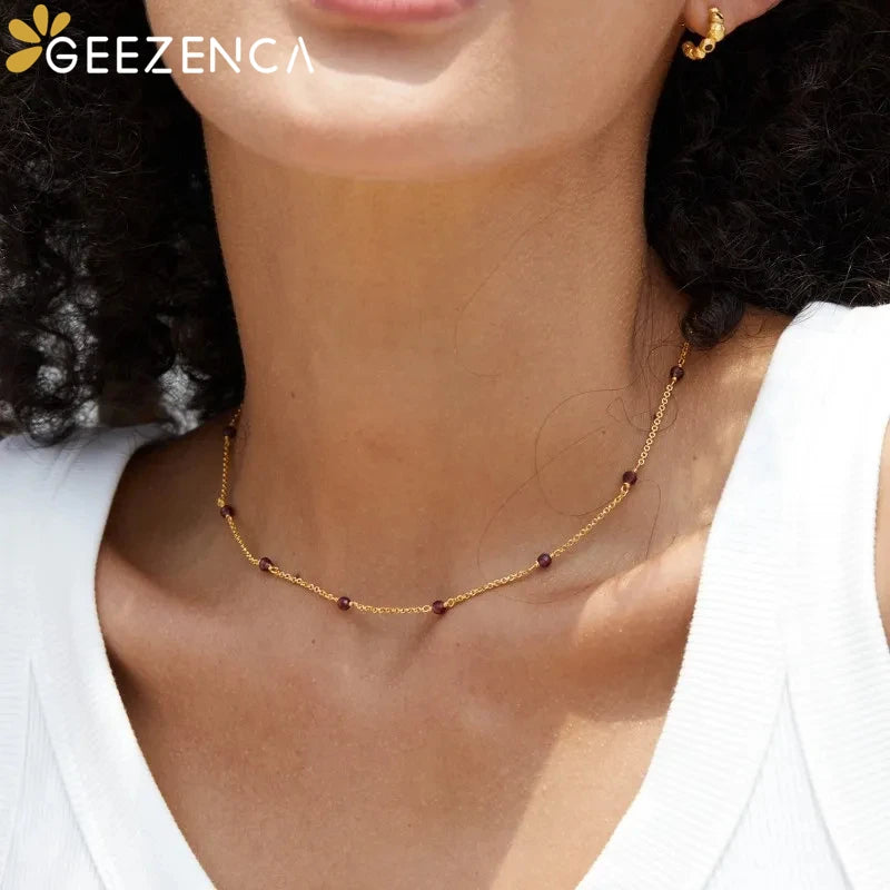 GEEZENCA S925 Silver Natural Garnet Spaced Beads Chain Necklace Red Stone Chic Layering Choker Necklaces For Stack 2024 New Gift