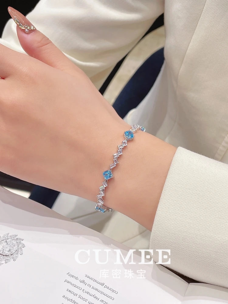 Cumee Cut Dainty Daily Square Princess Cultivate Synthetic Aquamarine Bracelet 925 Sterling Silver Gold Plated