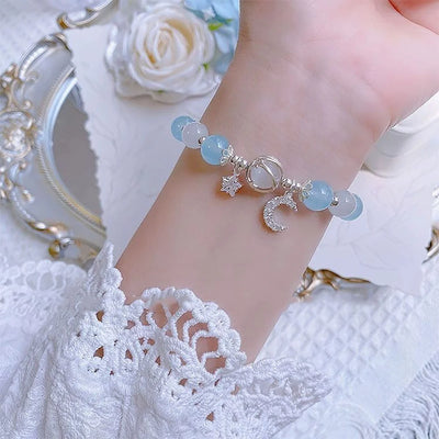 Princess Girls Star Moon Bracelet Blue Purple Color Opal Stone Bracelet for Kids Shiny Crystal Bracelets Wristband Jewelry Gift