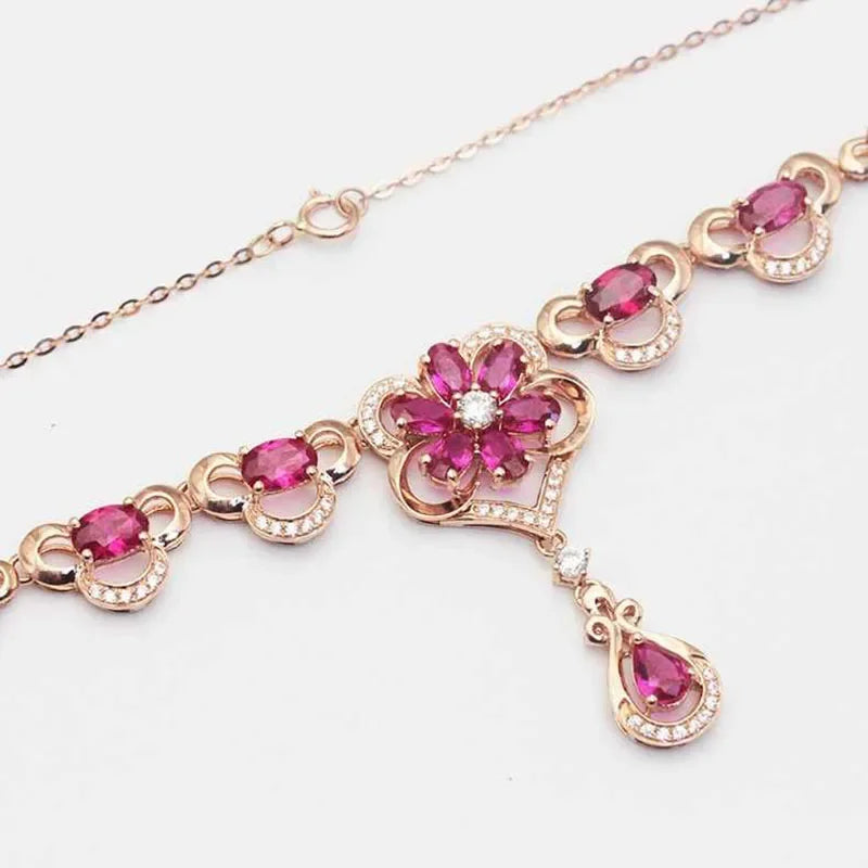 Romantic Luxury 585 Purple Gold Inlaid Ruby Elegant Flower Necklace 14K Rose GoldCrystal Luxury Pendant Dinner wedding Jewelry