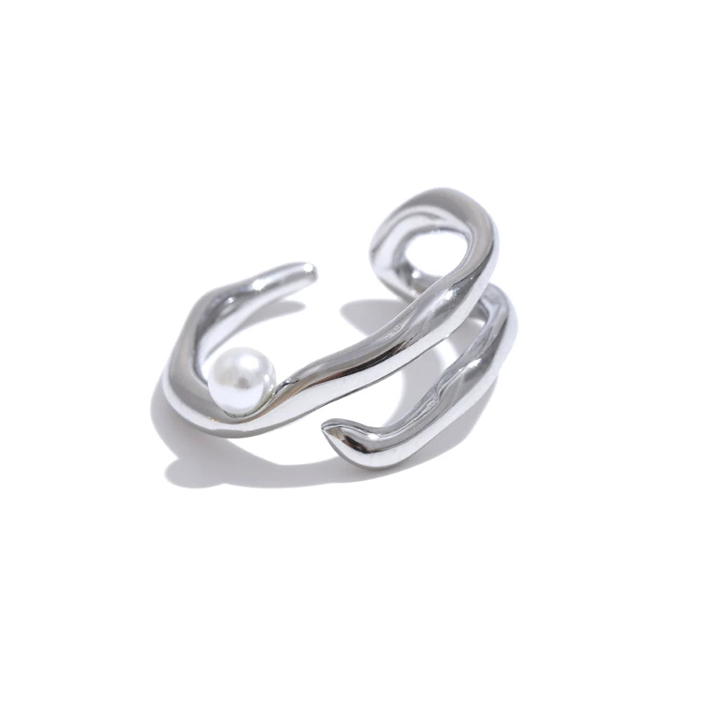 Yhpup Stylish Unique Stainless Steel Pearls Geometric Open Chic Ring for Women High Quality Jewelry Bijoux