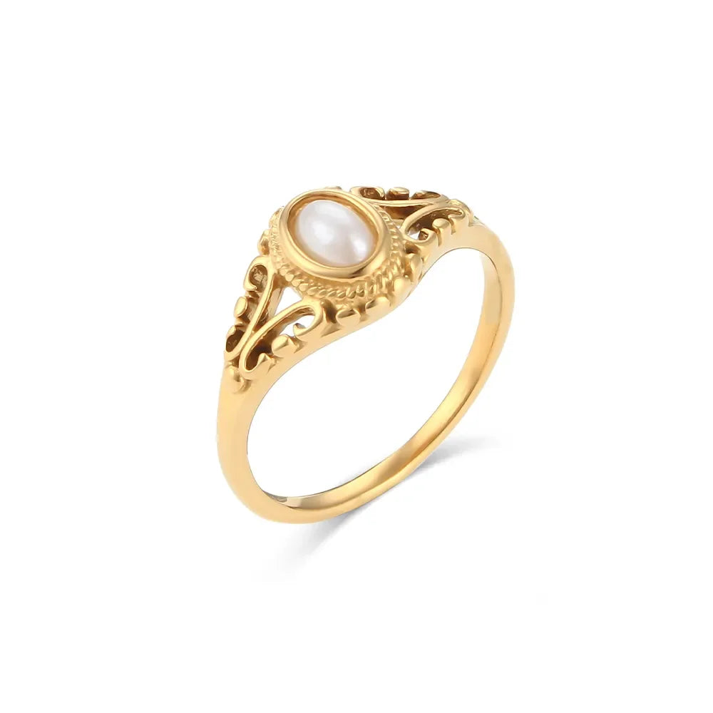 E.B.belle Thin 18K Gold Plated Hollow Texture Natural Freshwater Pearl Rings For Women Stainless Steel Tarnish Free Gold Ring
