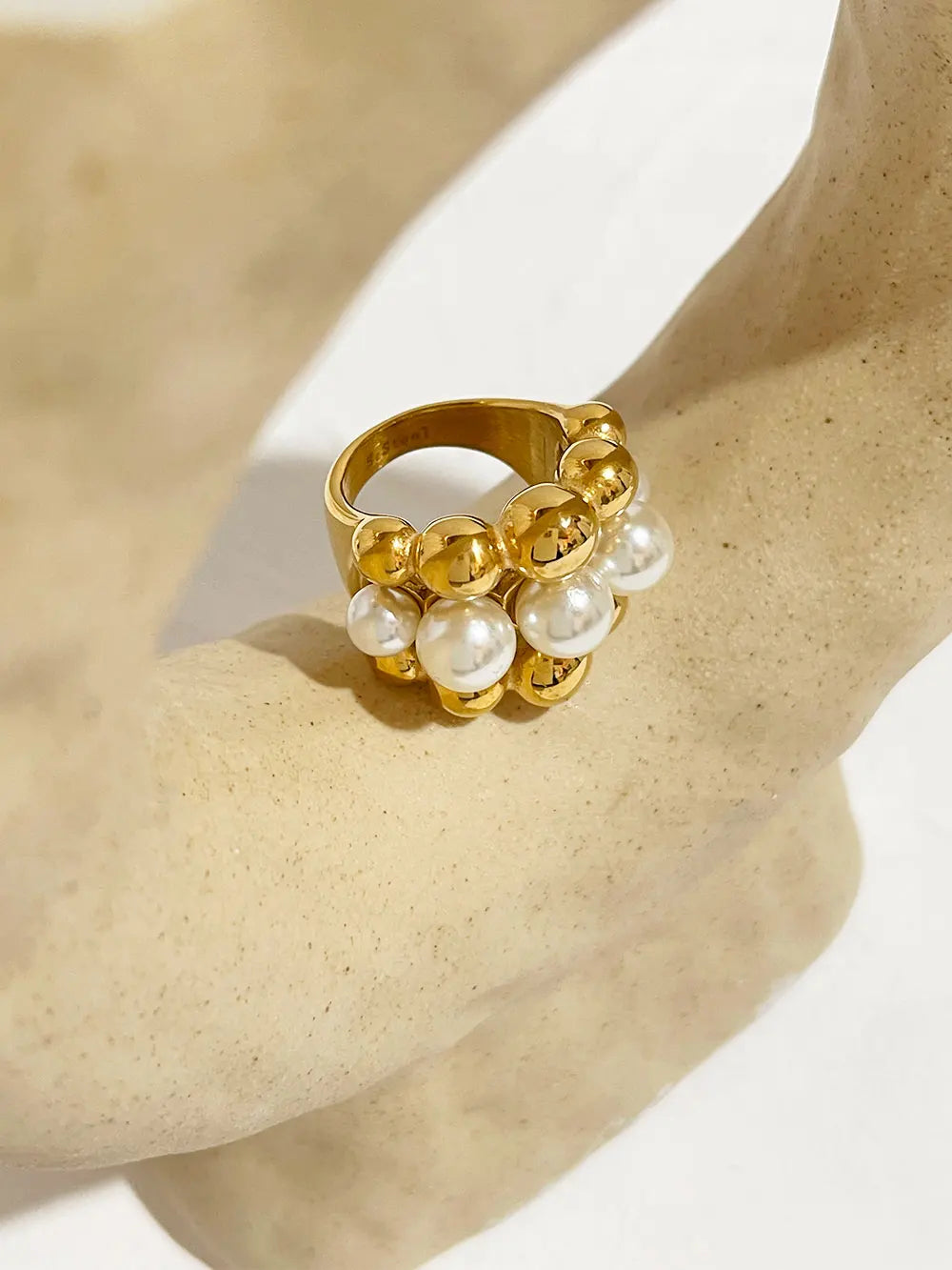 Stainless Steel Chunky Gold Plated Ball Faux Pearl Ring