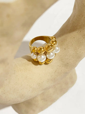 Stainless Steel Chunky Gold Plated Ball Faux Pearl Ring