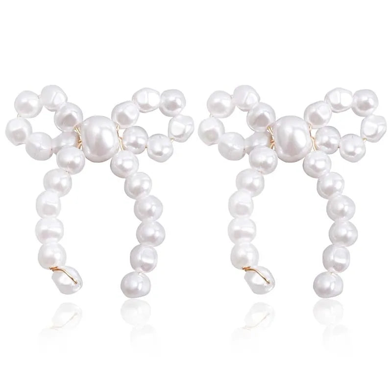 Vintage White Imitation Pearl Bowknot Stud Earrings for Women Elegant Handmade Woven Beaded Statement Earrings  Jewelry 2024