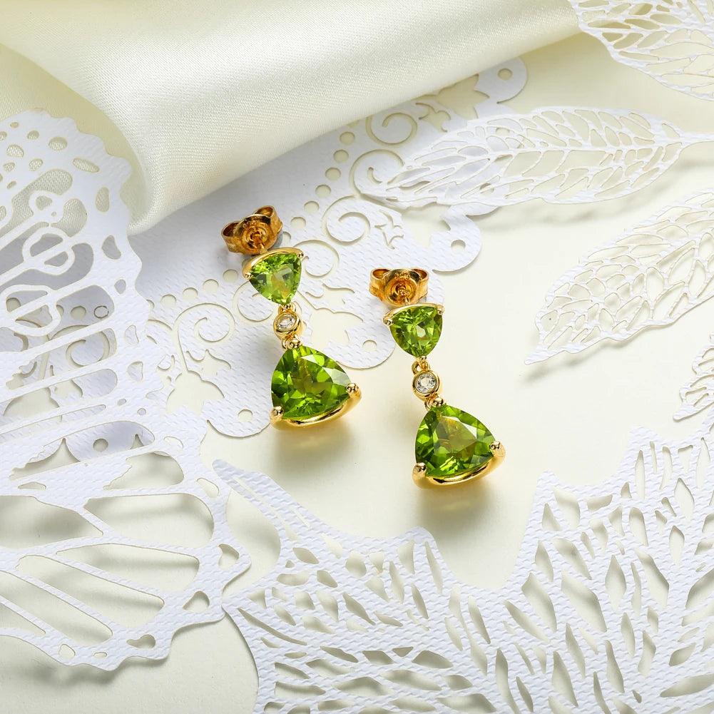 GZ ZONGFA Genuine 925 Sterling Silve Natural Peridot Drop Earrings for Women Triangle 7ct Gem 14K Gold Plated Fine Jewelry