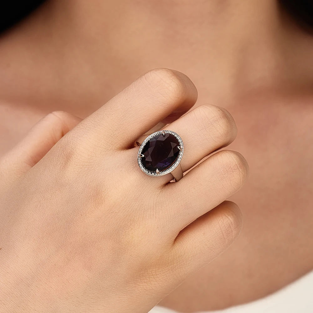 Stylish Oval Amethyst Halo Sterling Silver Ring