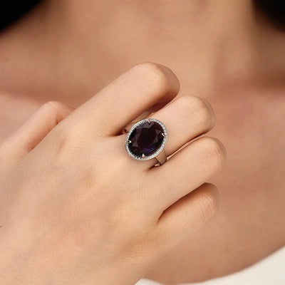 Stylish Oval Amethyst Halo Sterling Silver Ring