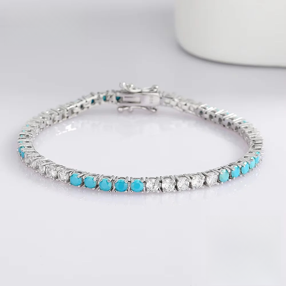 YLMyself 925 Silver Tennis Bracelet 3mm Turquoise Stone White Cubic Zircon Fine Jewelry Gift for Women