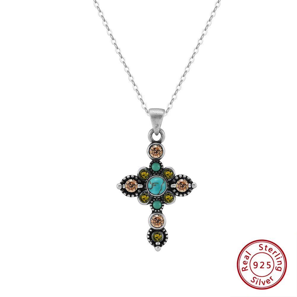 ORSA JEWELS Vintage Round Turquoise Pendant 925 Sterling Silver Oxide Natural Stone Necklace for Women Religious Jewelry GMN46