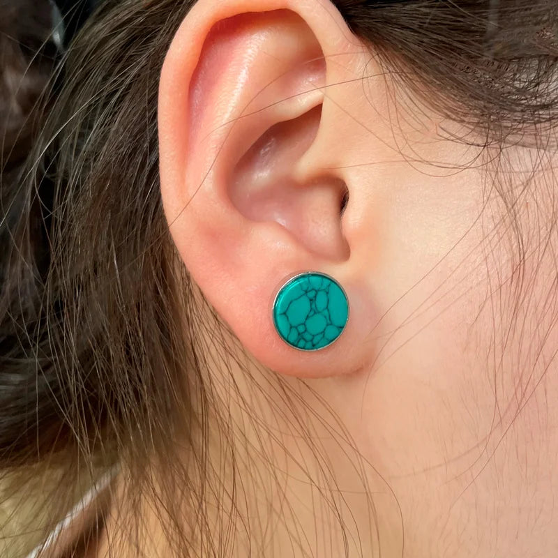 Vintage Silver Round Turquoise Stud Earrings
