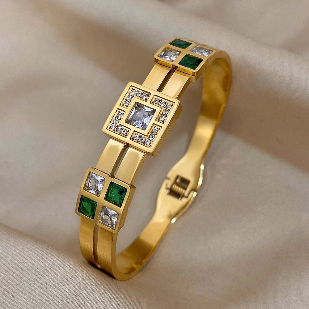 Luxury Royal Emerald Green White Zircon Stainless Steel Bangle Cuff Bracelet Italian Charm Large CZ Waterproof Bangles Jewelry