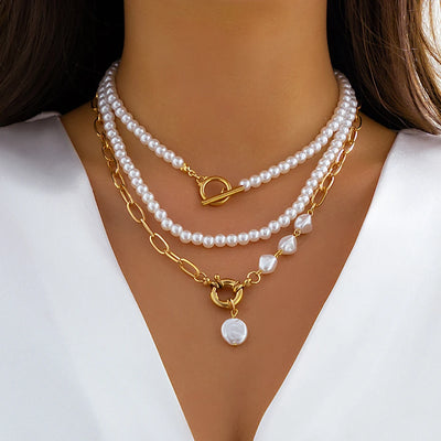 Multilayer Imitation Pearl OT Buckle Necklace