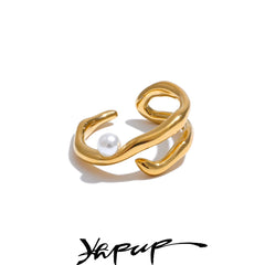 Yhpup Stylish Unique Stainless Steel Pearls Geometric Open Chic Ring for Women High Quality Jewelry Bijoux