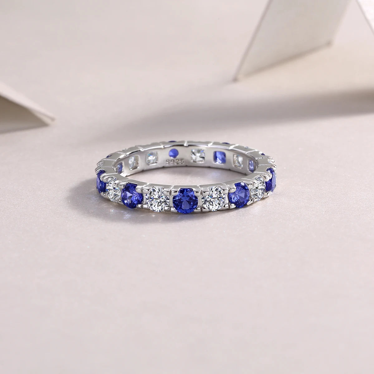 Elegant S925 Silver Ring with Alternating Moissanite & Blue Sapphires, 18K Gold Plated, Exquisite Design, Includes GRA Certifica