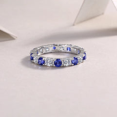Elegant S925 Silver Ring with Alternating Moissanite & Blue Sapphires, 18K Gold Plated, Exquisite Design, Includes GRA Certifica