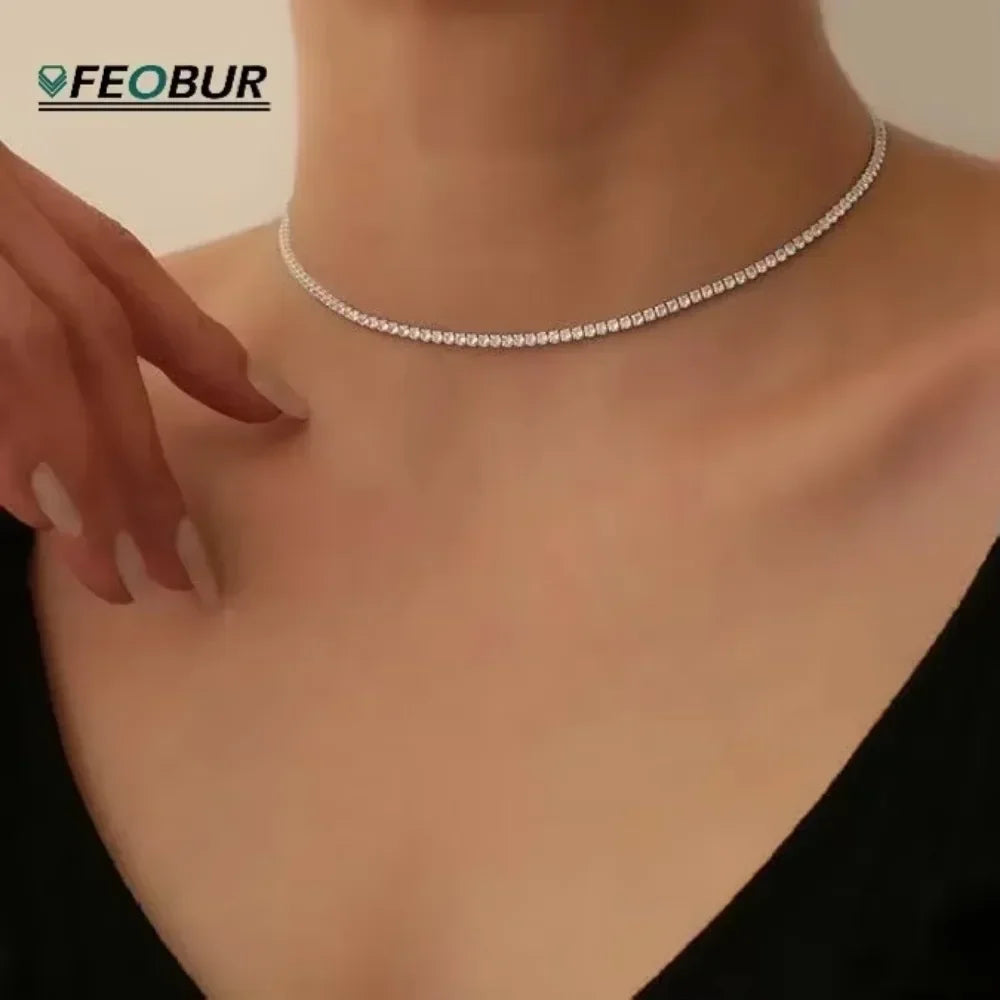 Moissanite Tennis Choker Necklace for Women S925 Silver Plated 18K Gold Adjustable Full Diamond Neck Chain