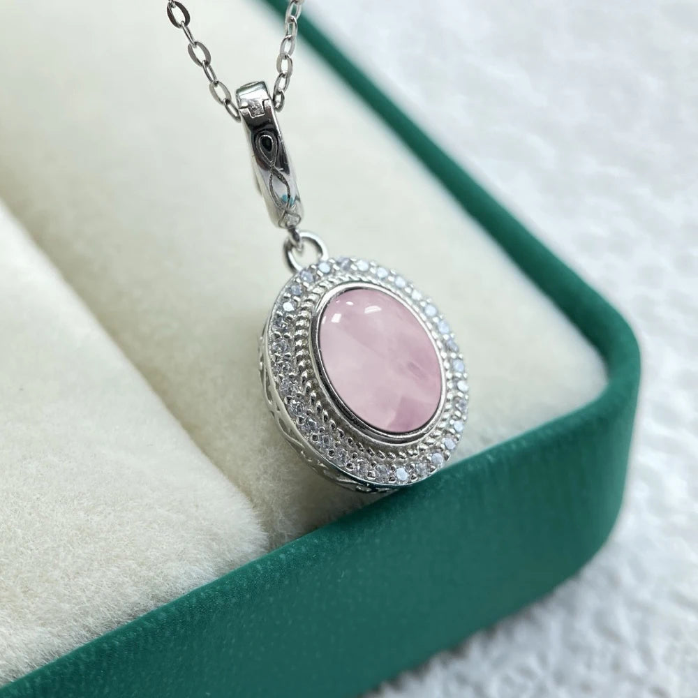 925 Sterling Silver Natural Moonstone Pendants Oval 10*14MM Skeleton Simple Design Necklace With Crystal For Women Men