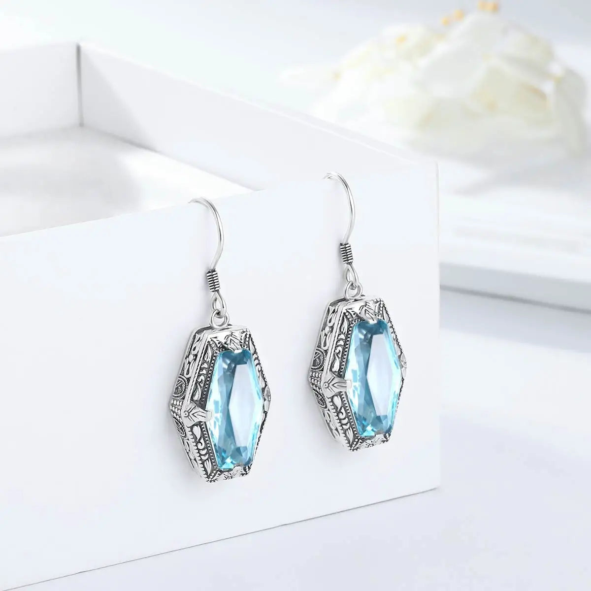 Vintage Aquamarine Earrings Hook Real Silver 925 Earring For Women  Anniversary Party Banquet Luxury Fine Jewelry