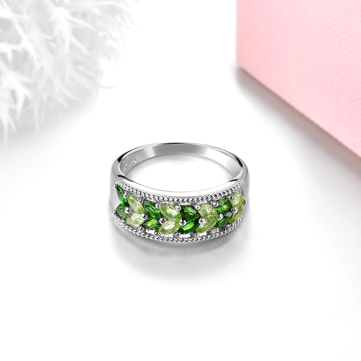 Natural Diopside and Peridot Silver Ring