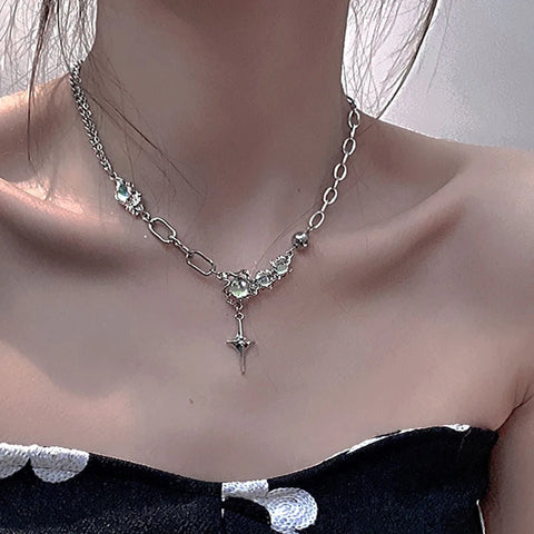 Trendy Bling Moonstone Star Cross Pendant Necklace
