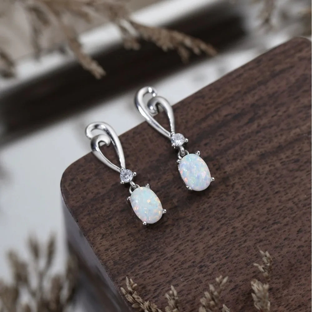 Trumium White Opal S925 Sterling Silver Drop Hook Earrings for Women Oval Opal Heart Stud Earring Fine Jewelry Gifts