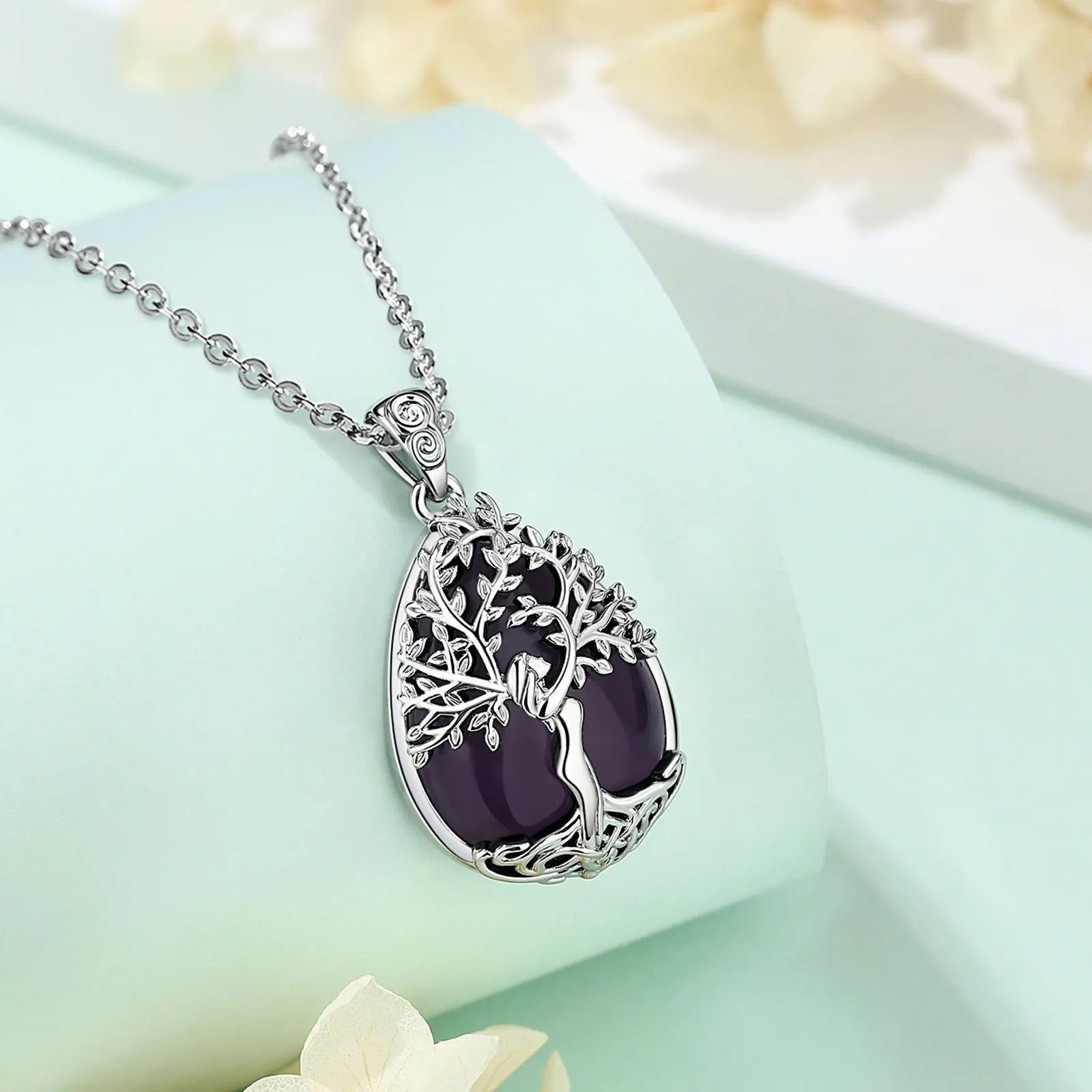 AEONSLOVE Tree of Life Necklace for Women Natural Amethyst Healing Stones Water Drop Pendant Spiritual Jewelry Birthday Gifts