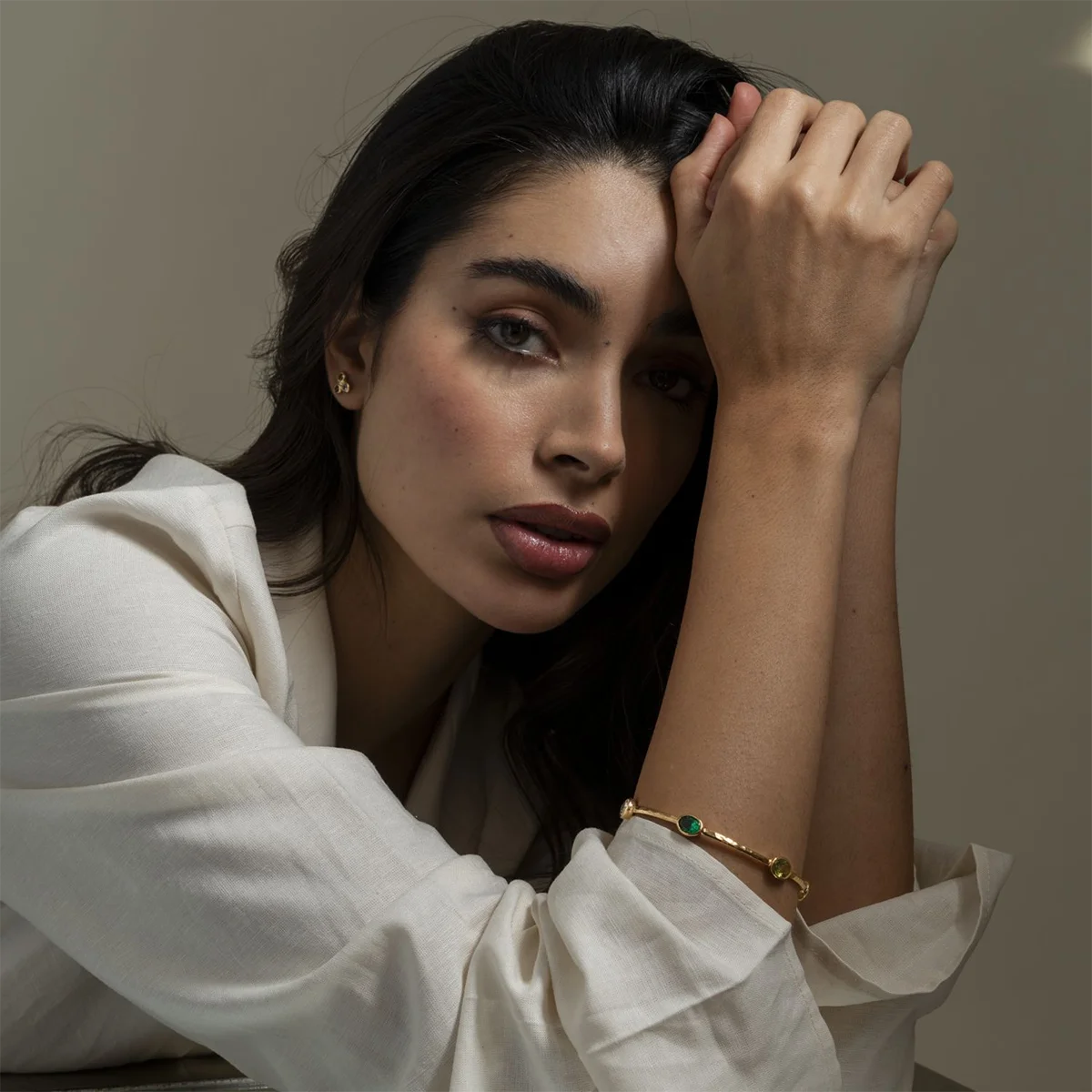 Stainless Steel Golden Hammered Emerald Olive Green Bracelets